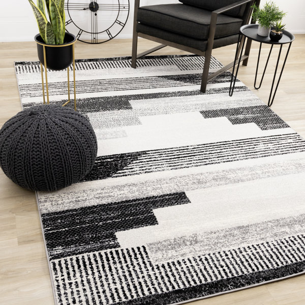 Gracie Oaks Beaumys Gray Black White Soft Lines Indoor Area Rug